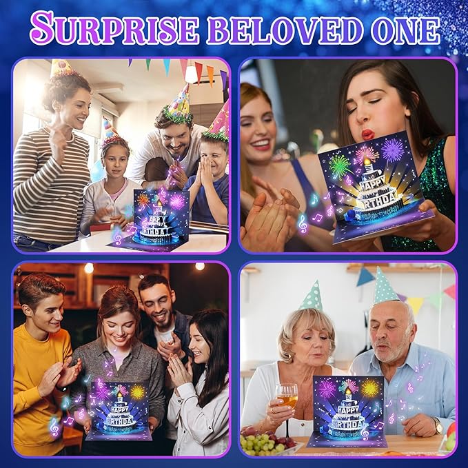 Musical Birthday Cards, 3D Pop Up Card with Music and Light, Firework Greeting Card with Interactive Blowable Candle, Birthday Gift for Her Him Mom Grandma Wife Husband (Blue and Silver)