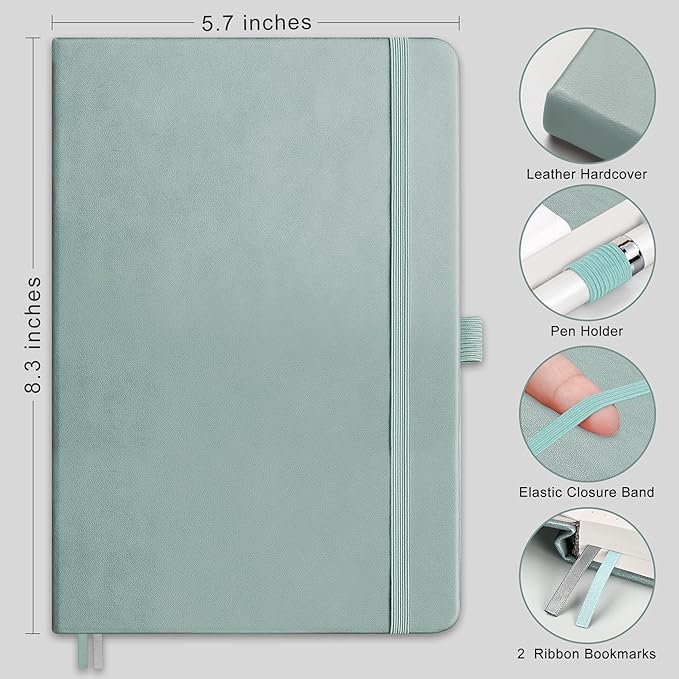 RETTACY Journaling Notebooks, A5 Lined Journal Notebook with 192 Numbered Pages, 5.7'' × 8.3'' Medium Size, for Writing, Work, Office, Leather Hardcover, 100 GSM Thick Paper (Blue-gray)