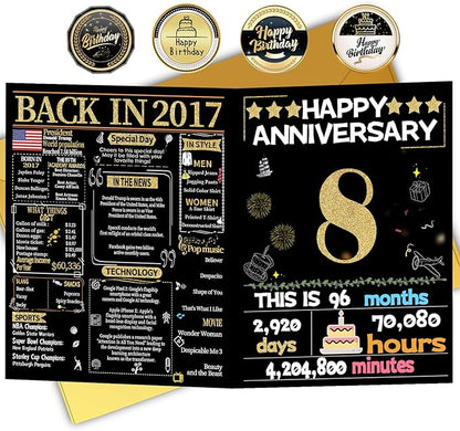 Joycard 8th Anniversary Card for Women Men, Gold Wedding Card for Wife Husband, Sweet Marriage Decorations Gifts for Couple, Perfect for Her Him on Anniversary Day, Back in 2017