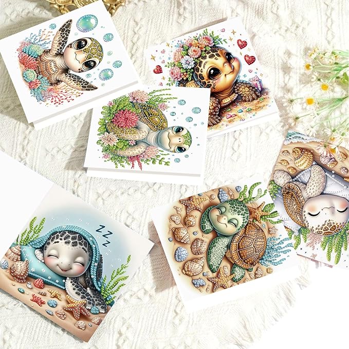 6 pcs Diamond Art Painting Greeting Card Kits, Animal Cute Turtle Design Irregular Shapes Diamond Art Fine Glitter Greeting Cards with Envelopes, Clay Glue, Pen, and Bead Bag for Creative Gifts