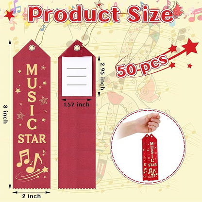 50 Pcs Music Star Ribbons 8 x 2 Inches Maroon Ribbons with Cards and Strings Music Prizes Bookmark Style Awards for Singing Competitions Class Activities Concerts