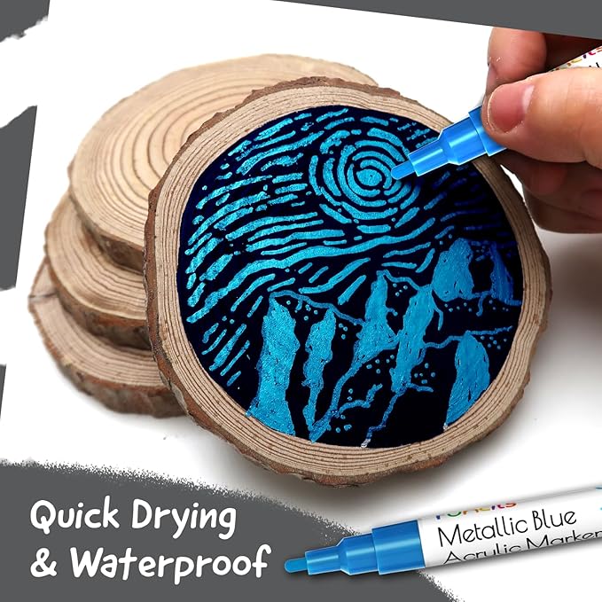 5 Metallic Acrylic Blue Paint Pen - Extra Fine Tip, Thin & Jumbo (1mm, 3mm, 6mm, 10mm, 15mm) - Blue Paint Markers for Metal, Fabric, Plastic, Canvas, Wood, Rock Painting, Glass, Permanent Marker