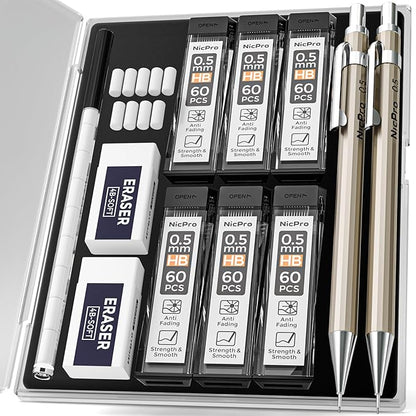 Nicpro 2 PCS 0.5 mm Metal Mechanical Pencils Set, Drafting Pencil for Artist Writing, Sketching, Drawing, with 4 Tubes HB Lead Refill & Erasers, Erasers Refills & Storage Case