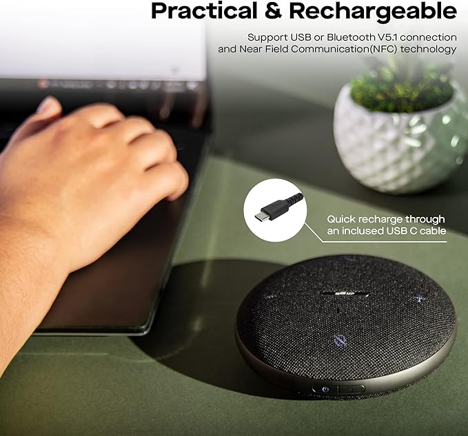 MP Mobile Pixels Bluetooth Conference Speakers with 4 Microphone, 13ft Omnidirectional Voice Pickup, USB-C Plug&Play，Noise Reduction, Compatible with Zoom/Teams/Skype/Google Meet