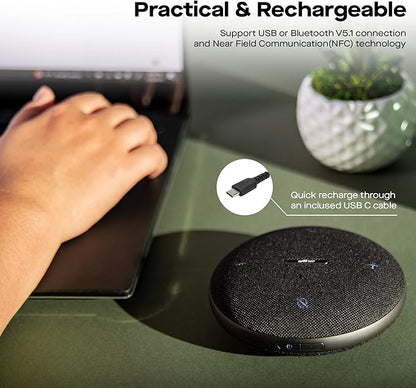 MP Mobile Pixels Bluetooth Conference Speakers with 4 Microphone, 13ft Omnidirectional Voice Pickup, USB-C Plug&Play，Noise Reduction, Compatible with Zoom/Teams/Skype/Google Meet