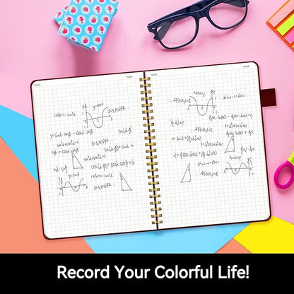 Alltree Spiral Graph Notebook Journal, Leather Hardcover Graph Notebook for Work, Twin Spiral Grid Notebook with Pen Loop, Pocket, 160 Pages, Journal for Women & Men, Burgundy(6"x8.5")