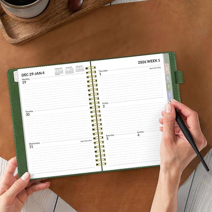 SUNEE 2026 Weekly & Monthly Planner 6.4"x8.5"- 12 Month (January 2026 - December 2026), Vegan Leather Cover, Pocket, Bookmark, Notes, Monthly Tab, Deep Green
