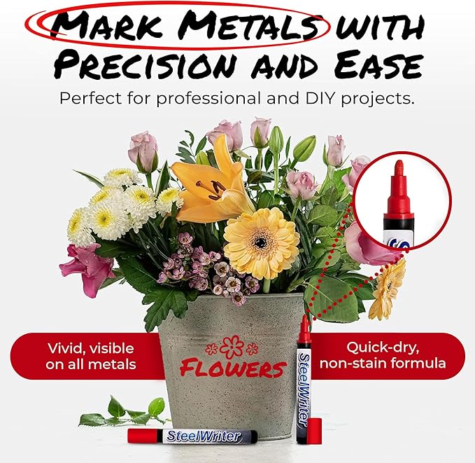 Metal Marking Paint Pen - Industrial Marker For Writing & Drawing on Steel and Metals - Washable Removable Paint Markers For Metal, Wet Erase Metal Paint, Red Paint Pen for Construction and Welders