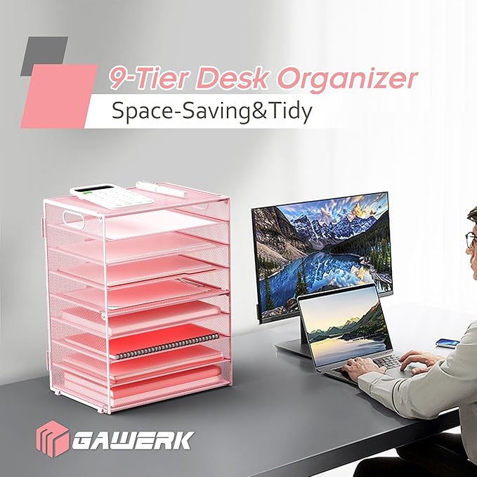 9-Tier Paper Organizer Letter Tray with Handle, Mesh File Organizer Paper Sorter Holder, Desk Organizer for Office Home School, Pink