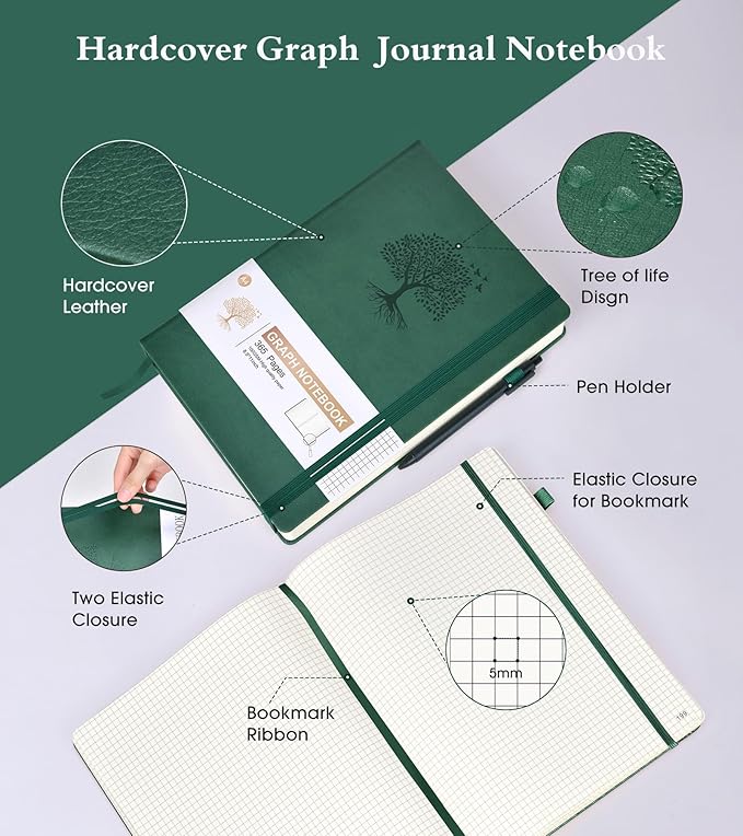 Graph Paper Notebook Journal, 360 Numbered Pages Grid Notebooks 8.5 x 11, Thick 100gsm Paper Graphing Notebook Journals for Women Men, A4 Large Hardcover Graph Leather Notebook Green