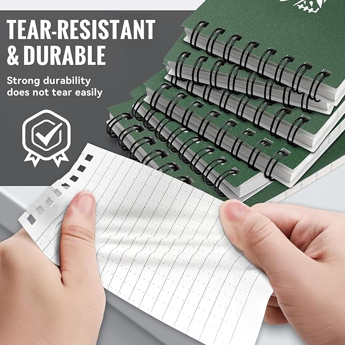 POPYOLA 6 Pack Waterproof Pocket Notebook, 3x5 Pocket Notepad, All Weather Mini Spiral Notepad, Write in the Rain Police Notepad with 100 Squared Pages for Outdoor Home Office School, Green