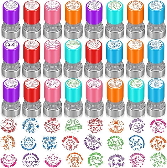 Yinder 24 Pcs Teacher Stamps for Classroom Self Inking Classroom Stamps Bulk for Teachers Elementary Colorful Motivational Encouraging Gifts(Spanish Style)