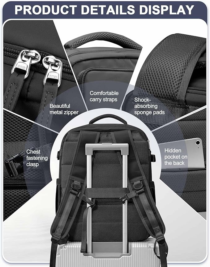 Large Black Travel Backpack for Women Men, Carry On Backpack with USB Charging Port & Shoe Pouch, TSA 15.6inch, Flight Approved, College Nurse Bag Casual Laptop Daypack for Weekender Business Hiking