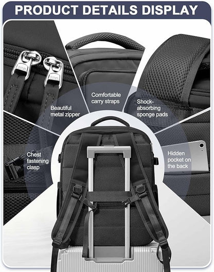 Large Black Travel Backpack for Women Men, Carry On Backpack with USB Charging Port & Shoe Pouch, TSA 15.6inch, Flight Approved, College Nurse Bag Casual Laptop Daypack for Weekender Business Hiking