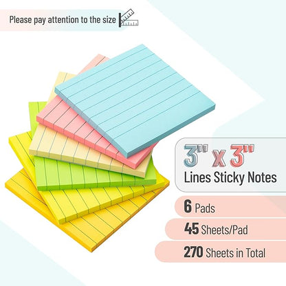 Mr. Pen Lined Sticky Notes - 3x3, 6 Pads, 45 Sheets, Pastel Colors