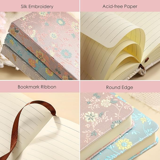 Pocket Notebook, A6, 4x6, Silk Cover, Hardcover, Lay Flat, Small Embroidered Journal, Cute Notebook, Lined Notebook & Sketchbook, Personal Writing Journal for Women, Beautiful Notebook, Beige