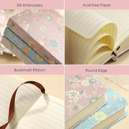 Pocket Notebook, A6, 4x6, Silk Cover, Hardcover, Lay Flat, Small Embroidered Journal, Cute Notebook, Lined Notebook & Sketchbook, Personal Writing Journal for Women, Beautiful Notebook, Beige