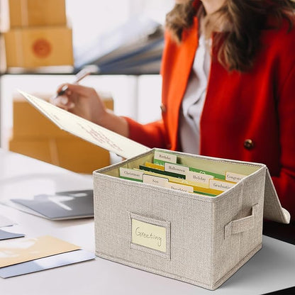 Vienrose Greeting Card Organizer Storage Box with 20 Removable Dividers, 84 Self-stick Labels, Perfect for Photos, Envelopes, Scrapbooking, Paper, Stickers Holder 1 Pack Beige