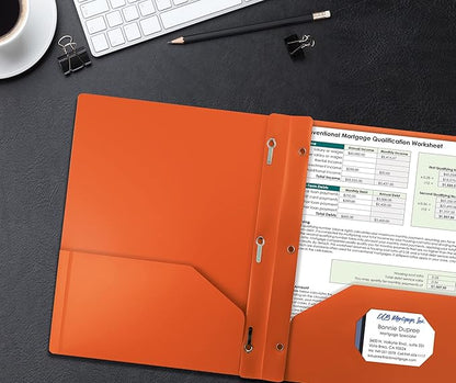 Better Office Products Orange Plastic 2 Pocket Folders with Prongs, Heavyweight, Letter Size Poly Folders, 24 Pack, with 3 Metal Prongs Fastener Clips, Orange