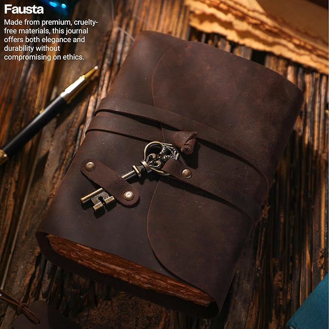 Fausta Vintage Handcrafted Leather Journal with Key for Writing, 240 Pages 8 x 6 inches, Deckled Cotton Paper Notebook/Diary for Men and Women 150 GSM Drawing/Sketchbook, Rustic Brown