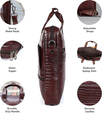 Crocodile Embossed leather bag for men, 5 Zipper Pockets with Spacious Compartments.,12 x 16 x 4 inches.