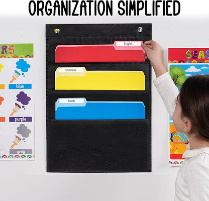 3 Pocket File Pocket Chart, Black, 14" Wide x 19.5" Tall - Versatile Wall Hanging File Folder Organizer for Classroom, Office, Home, and More - Wall Folder Organizer - 3 Pockets