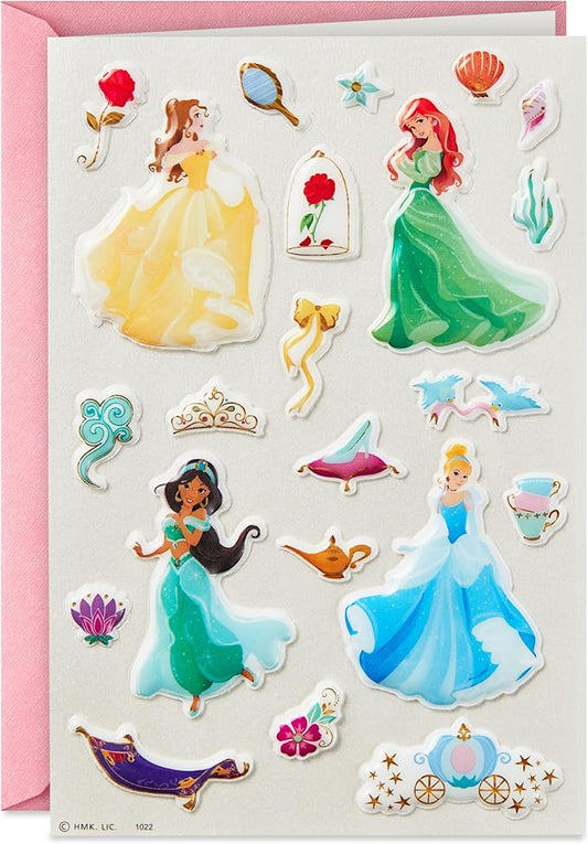 Hallmark Signature Disney Princess Birthday Card with Stickers (Belle, Ariel, Jasmine, Cinderella)