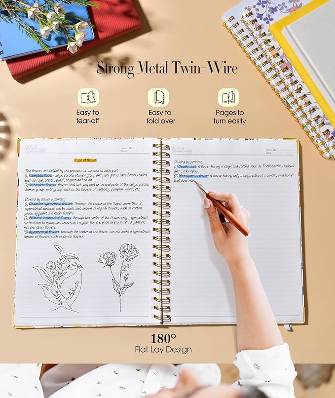 Cute Spiral Notebook Journal for Women, 160 Pages Lined Notebooks 5.75” x 8.38”, A5 Hardcover Spiral Journal with 100 GSM Thick Paper, College Ruled Notebook for Writing Work School, Wildflower Garden