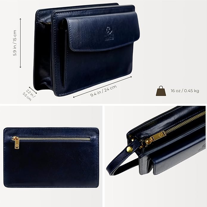 Time Resistance Leather Clutch for Men Organizer Wrist Bag Briefcase Handmade in Italy Gift Box Included
