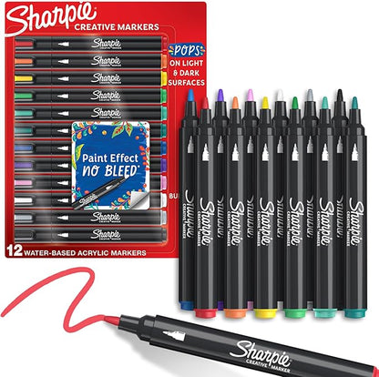 Sharpie Acrylic Creative Markers, Bullet Tip, Vibrant Assorted Colors, Non-Bleeding Water-Based Ink, Pack of 12