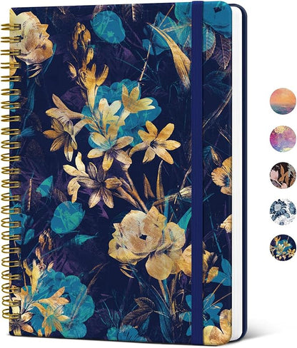 Lined Spiral Journal Notebook for Women, A5 College Ruled Journals for Writing, Hardcover Notebooks for Work, Note taking and Office School Supplies,140 Pages - Turquoise Flowers
