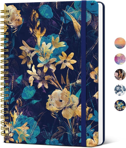 Lined Spiral Journal Notebook for Women, A5 College Ruled Journals for Writing, Hardcover Notebooks for Work, Note taking and Office School Supplies,140 Pages - Turquoise Flowers