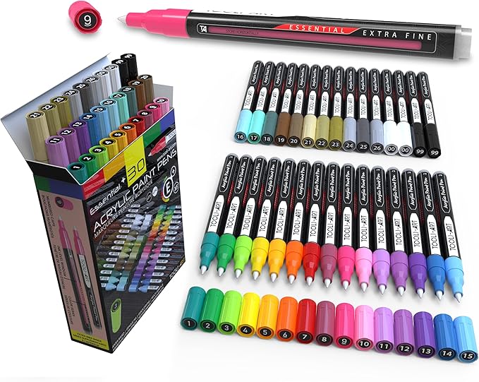 TOOLI-ART Acrylic Paint Pens Assorted Vibrant Markers for Rock Painting, Canvas, Glass, Mugs, Wood, Fabric, Metal, Ceramics. Non Toxic, Quick Dry, Multi-Surface, Lightfast (EXTRA FINE)