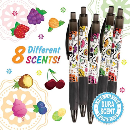 Sugar Skull Smens - Patented Gourmet Scented Pens, Black Ink, Medium Point - 8 Count