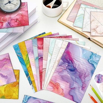 TaoBary 160 Packs Stationery Paper Set (50 Double Sided Stationery Writing Papers 50 Matching Envelopes) 60 Round Dot Sticker, 10 Design(Marble,5.5 x 8.25 Inch)