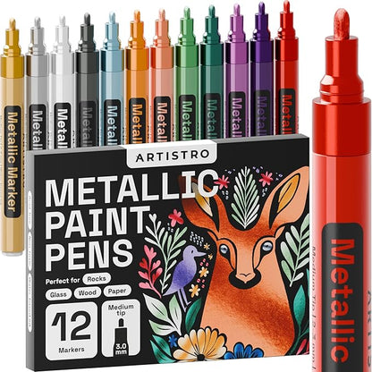 ARTISTRO 12 Metallic Paint Pens for Rock Painting, Stone, Ceramic, Glass, Wood, Fabric, Pebbles, Scrapbook Journals, Photo Albums, Card Stocks, Acrylic Paint Markers Medium Tip 3.0mm