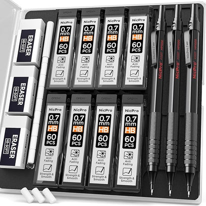 Nicpro 0.7 mm Mechanical Pencil Set with Case, 3 Metal Artist Pencil With 8 Tube HB Lead Refills, 3 Erasers, 9 Eraser Refills For Architect Art Writing Drafting Drawing, Engineering, Sketching, Black