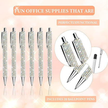 20Pcs Rhinestone Metal Ballpoint Pens Bling Pens Bulk Fancy Sparkly Crystal Diamond Pens Press Retractable Black Ink 0.7mm For Women Office Meeting Birthday Supplies Wedding Gifts(20colors)