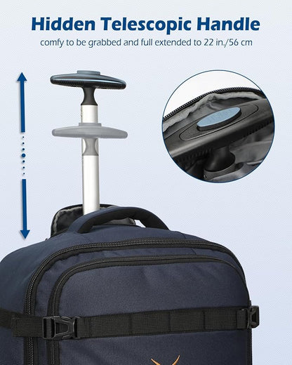 Hynes Eagle Rolling Backpack 42L Backpack with Wheels Airline Approved Carry on Luggage Laptop Travel Backpack for Women Men Navy Blue