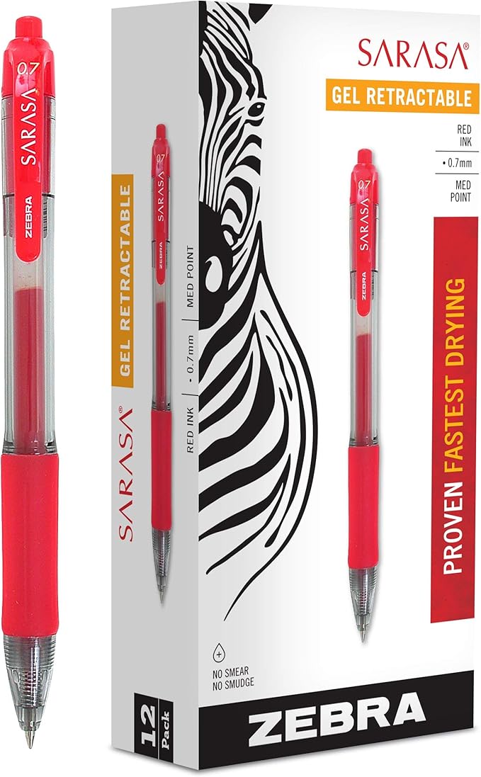 Zebra Pen Sarasa Dry X20 Retractable Gel Pen, Medium Point, 0.7mm, Red Ink, 12-Pack