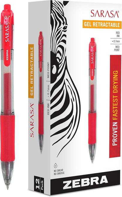 Zebra Pen Sarasa Dry X20 Retractable Gel Pen, Medium Point, 0.7mm, Red Ink, 12-Pack