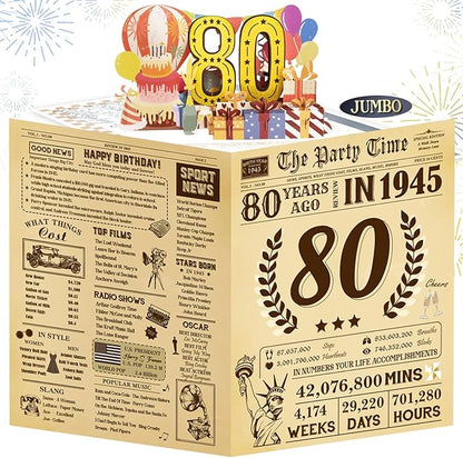 Funny 80th Birthday Card for Women Men, 3D Pop Up 80th Birthday Decorations for Her Him, Happy 80th Birthday Gifts for Grandma Grandpa, Jumbo 80 Year Old Birthday Card, Review of 1945, Classy (8"x10")