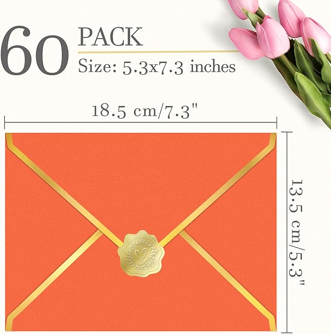 60 Pack Gold Envelopes 5x7 Orange, 250G Pearled Cardstock A7 Envelopes for Invitations Business Mailing Envelope with Gold Foil Border, A6 4x6 Envelopes for Wedding Baby Shower Cards