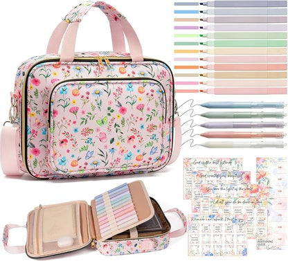 Bible Cover for Women Bible Case, Large Bible Bag w/Shoulder Strap, Bible Study Supplies Bible Journaling Kit Pink Book Carrying Case with Bible Highlighters, Christmas Christian Gifts for Women Lady