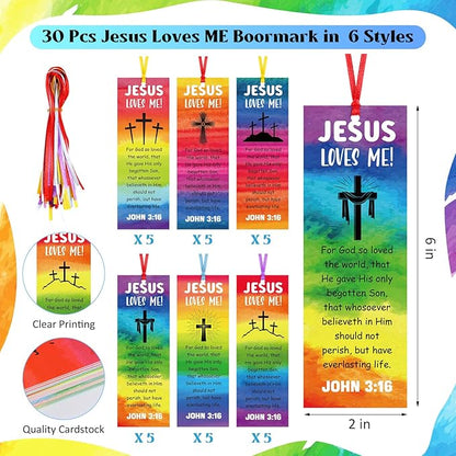 30 Sets/ 60 Pcs Jesus Loves Me Wristbands with John 3: 16 Religious Christian Bookmarks Gift, Include 30 VBS Bible Verse Rubber Wristbands 30 Inspirational Cross Bookmark for Sunday School
