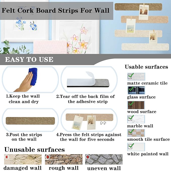 8Pcs Bulletin Board Strips, Camel-Brown Felt Pin Board Bar Strips with 50 Pushpins, Self-Adhesive Felt Cork Board Strips for Wall to Display Your Notes, Photos, Schedules, Announcements