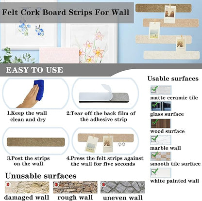 8Pcs Bulletin Board Strips, Camel-Brown Felt Pin Board Bar Strips with 50 Pushpins, Self-Adhesive Felt Cork Board Strips for Wall to Display Your Notes, Photos, Schedules, Announcements