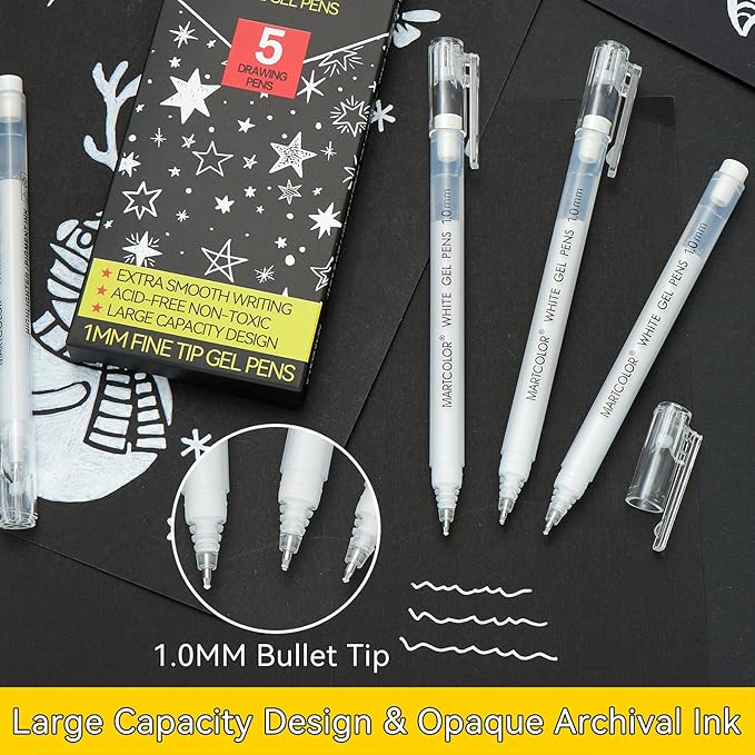 White Gel Pens, 5 Pack, 1 mm Extra Fine Point Gel Ink Pen, Opaque Archival Ink Pens for Black Paper Drawing, Art Highlight, Sketching, Illustration, Card Making