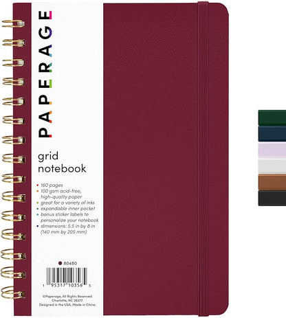PAPERAGE Graph Paper Spiral Notebook & Journal, (Burgundy), 160 Pages, Medium 5.5 inches x 8 inches - 100 GSM Thick Graphing Paper, Hardcover, Double-Wire Grid Spiral Notebook