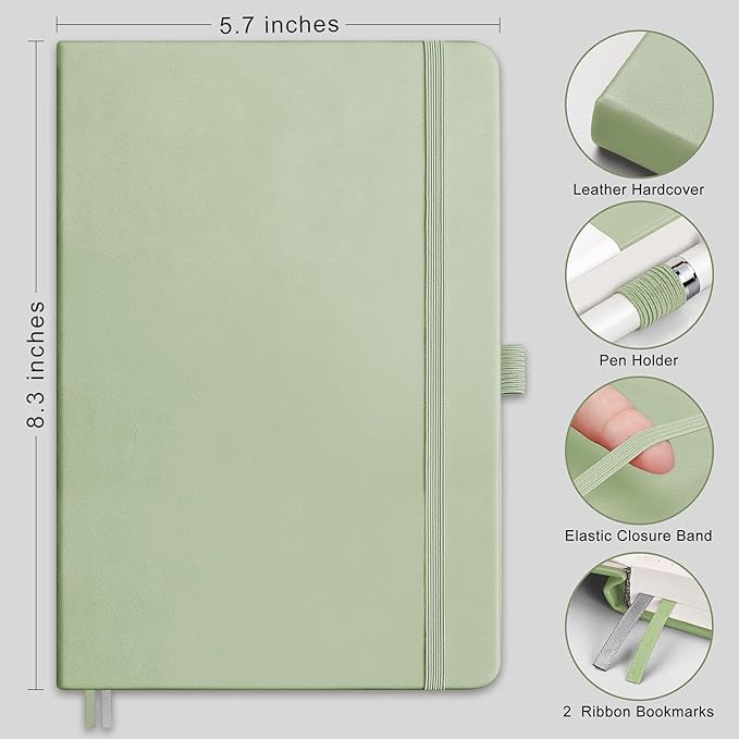 RETTACY Blank Journal Notebook, A5 Blank Journal with 192 Pages, 5.7'' × 8.3'' Medium Size, 68 LB/100 GSM Thick Paper, Leather Hardcover, for Sketching, Drawing, Painting (Light Green)